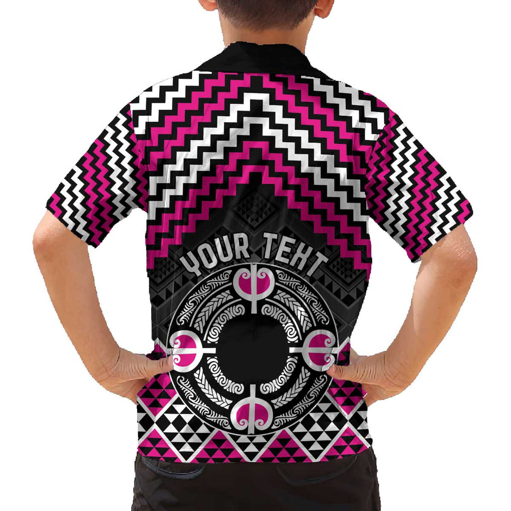Personalised Aotearoa Niho Taniwha Motif Family Matching Off The Shoulder Long Sleeve Dress and Hawaiian Shirt Pink Style