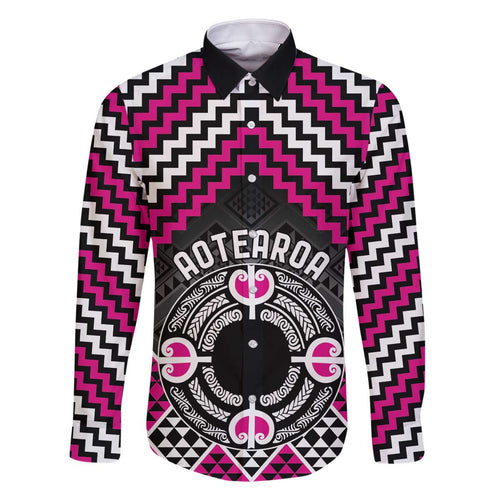 Personalised Aotearoa Niho Taniwha Motif Family Matching Off The Shoulder Long Sleeve Dress and Hawaiian Shirt Pink Style