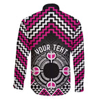 Personalised Aotearoa Niho Taniwha Motif Family Matching Off The Shoulder Long Sleeve Dress and Hawaiian Shirt Pink Style