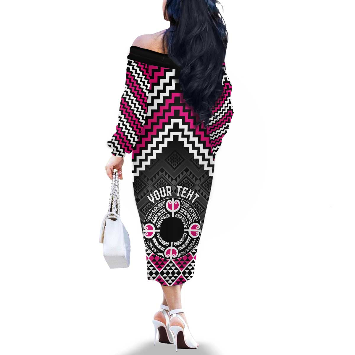 Personalised Aotearoa Niho Taniwha Motif Family Matching Off The Shoulder Long Sleeve Dress and Hawaiian Shirt Pink Style