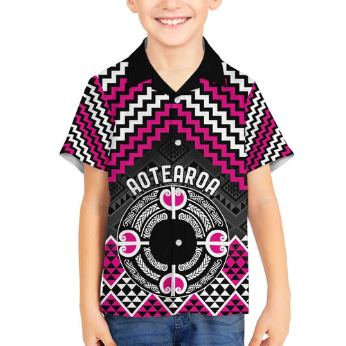 Personalised Aotearoa Niho Taniwha Motif Family Matching Off The Shoulder Long Sleeve Dress and Hawaiian Shirt Pink Style