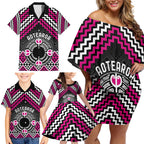 Personalised Aotearoa Niho Taniwha Motif Family Matching Off Shoulder Short Dress and Hawaiian Shirt Pink Style