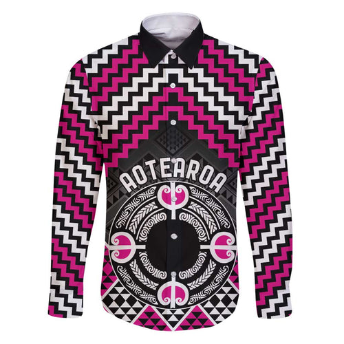 Personalised Aotearoa Niho Taniwha Motif Family Matching Puletasi and Hawaiian Shirt Pink Style
