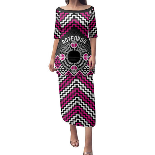 Personalised Aotearoa Niho Taniwha Motif Family Matching Puletasi and Hawaiian Shirt Pink Style