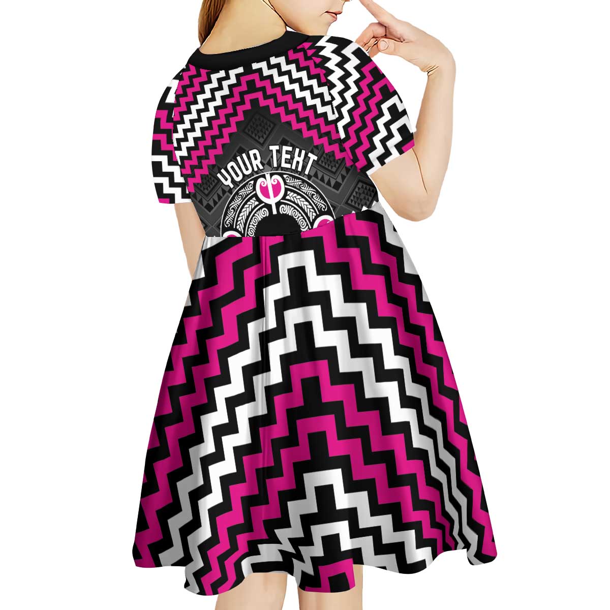 Personalised Aotearoa Niho Taniwha Motif Kid Short Sleeve Dress Pink Style