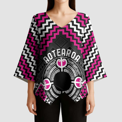 Personalised Aotearoa Niho Taniwha Motif Kimono Sleeve Blouse Pink Style - Aussie Hoodie