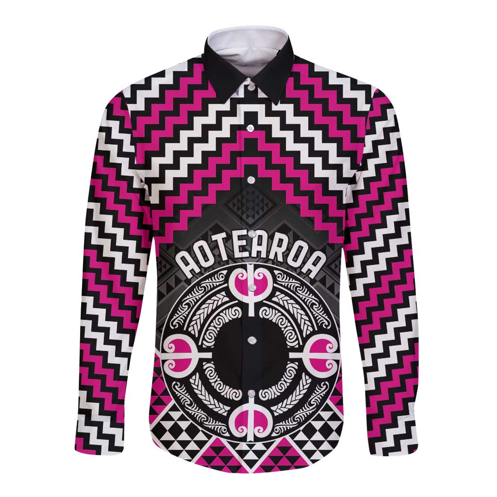 Personalised Aotearoa Niho Taniwha Motif Long Sleeve Button Shirt Pink Style