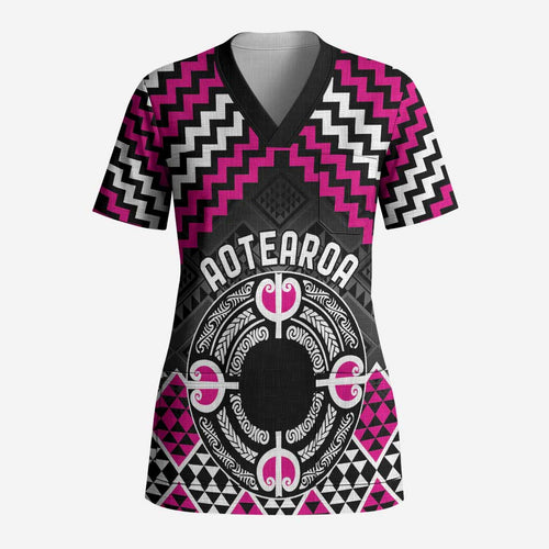 Personalised Aotearoa Niho Taniwha Motif Scrub Top Pink Style - Aussie Hoodie