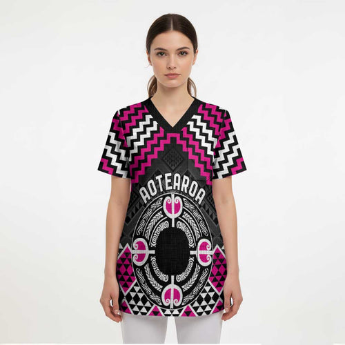 Personalised Aotearoa Niho Taniwha Motif Scrub Top Pink Style - Aussie Hoodie