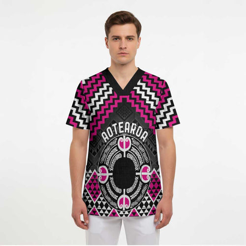 Personalised Aotearoa Niho Taniwha Motif Scrub Top Pink Style - Aussie Hoodie