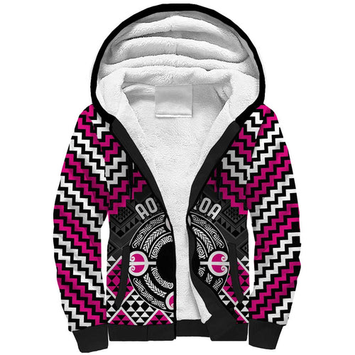Personalised Aotearoa Niho Taniwha Motif Sherpa Hoodie Pink Style