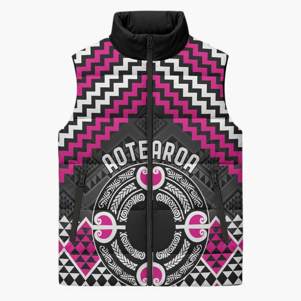 Personalised Aotearoa Niho Taniwha Motif Sleeveless Puffer Jacket Pink Style - Aussie Hoodie
