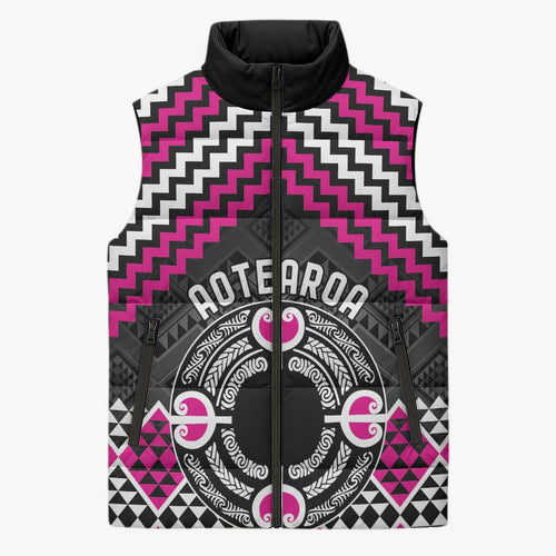 Personalised Aotearoa Niho Taniwha Motif Sleeveless Puffer Jacket Pink Style - Aussie Hoodie