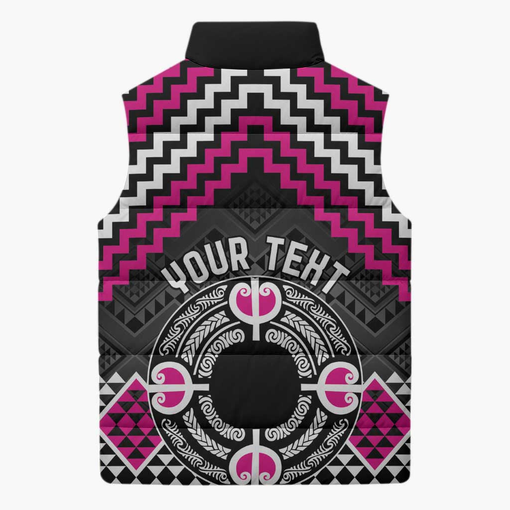 Personalised Aotearoa Niho Taniwha Motif Sleeveless Puffer Jacket Pink Style - Aussie Hoodie