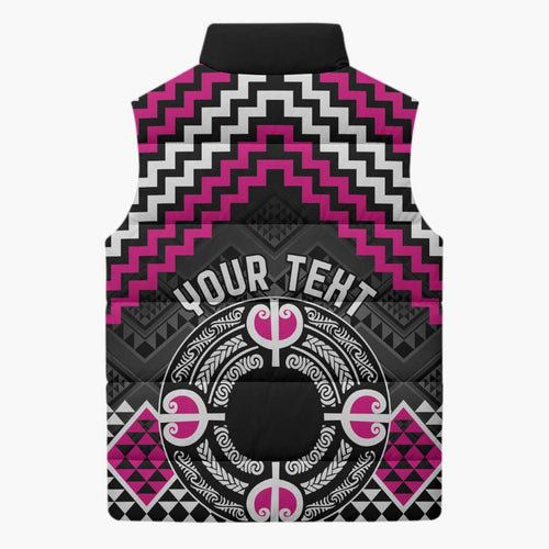 Personalised Aotearoa Niho Taniwha Motif Sleeveless Puffer Jacket Pink Style - Aussie Hoodie