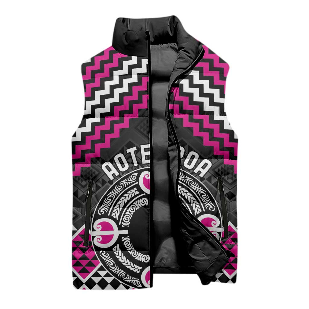 Personalised Aotearoa Niho Taniwha Motif Sleeveless Puffer Jacket Pink Style - Aussie Hoodie