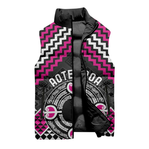 Personalised Aotearoa Niho Taniwha Motif Sleeveless Puffer Jacket Pink Style - Aussie Hoodie