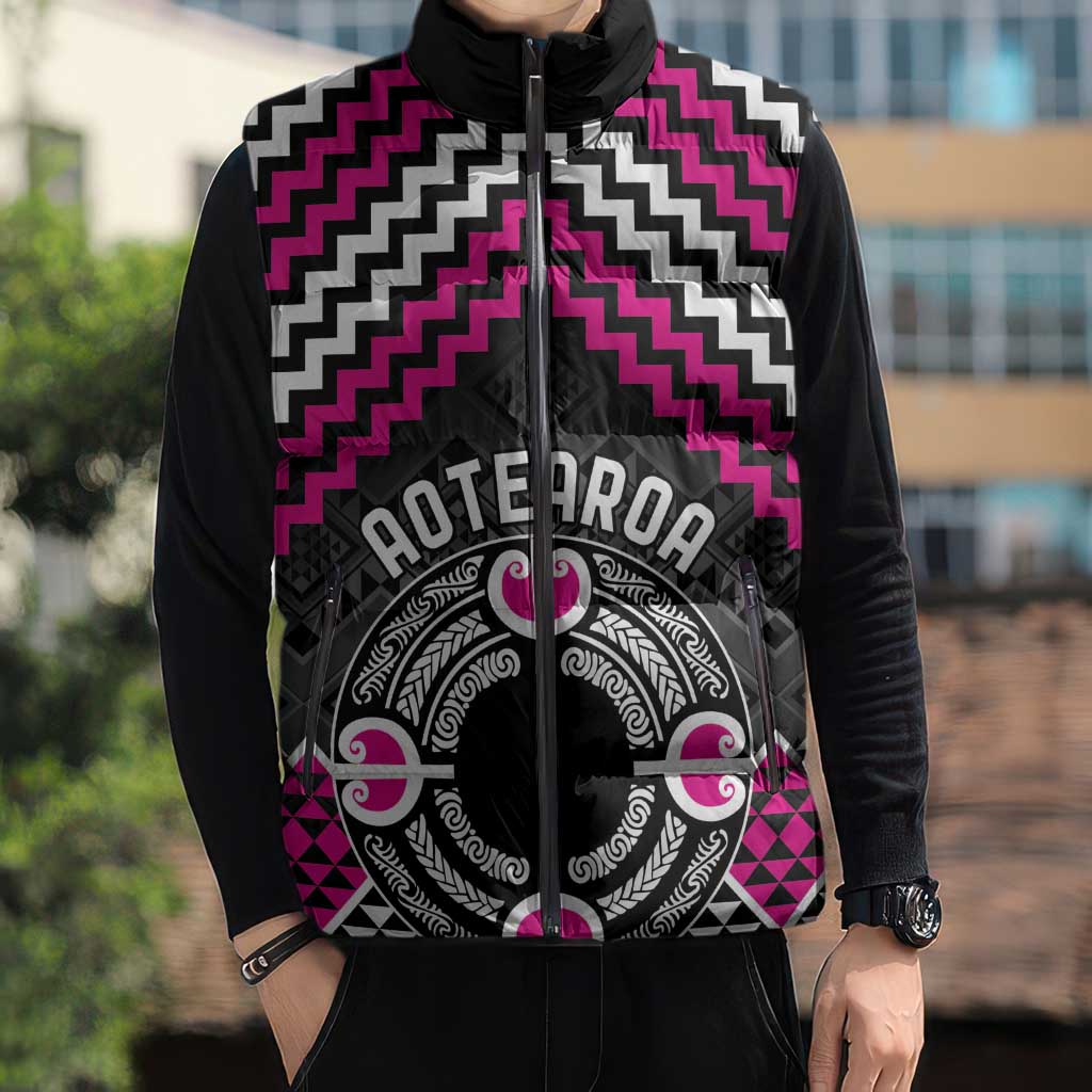 Personalised Aotearoa Niho Taniwha Motif Sleeveless Puffer Jacket Pink Style - Aussie Hoodie