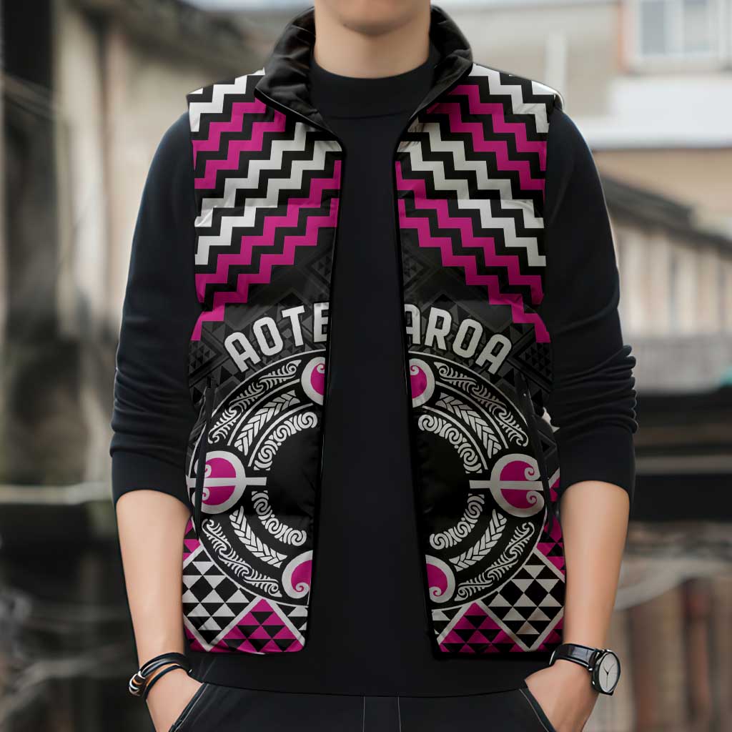 Personalised Aotearoa Niho Taniwha Motif Sleeveless Puffer Jacket Pink Style - Aussie Hoodie