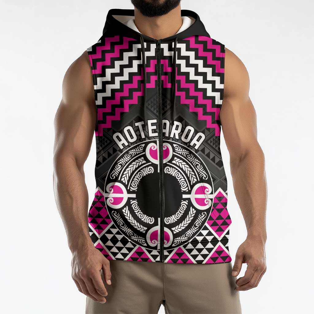 Personalised Aotearoa Niho Taniwha Motif Sleeveless Zip Hoodie Pink Style LT9