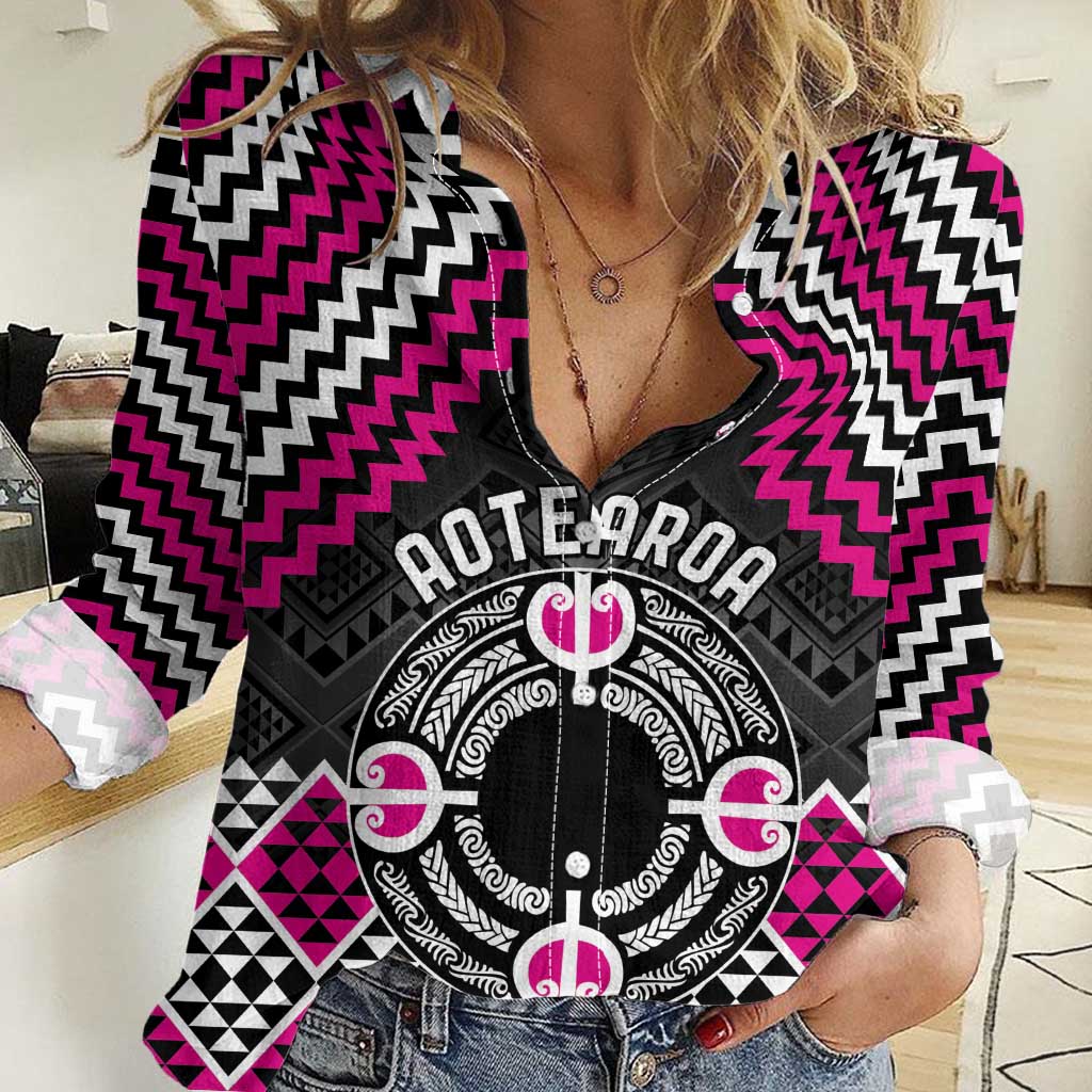 Personalised Aotearoa Niho Taniwha Motif Women Casual Shirt Pink Style