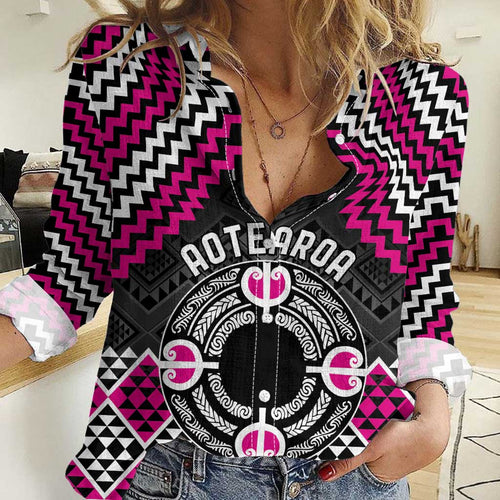 Personalised Aotearoa Niho Taniwha Motif Women Casual Shirt Pink Style