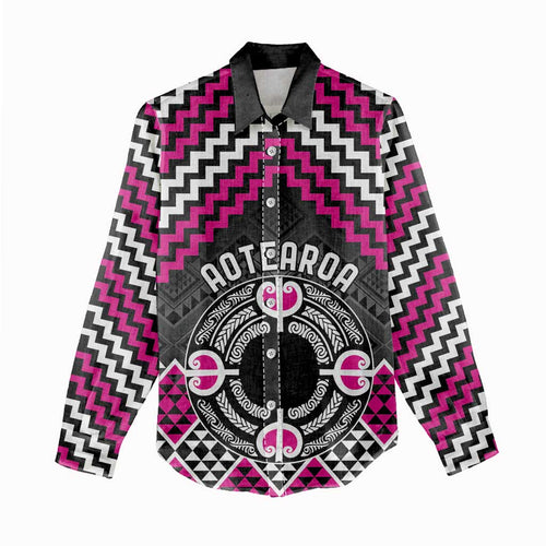 Personalised Aotearoa Niho Taniwha Motif Women Casual Shirt Pink Style