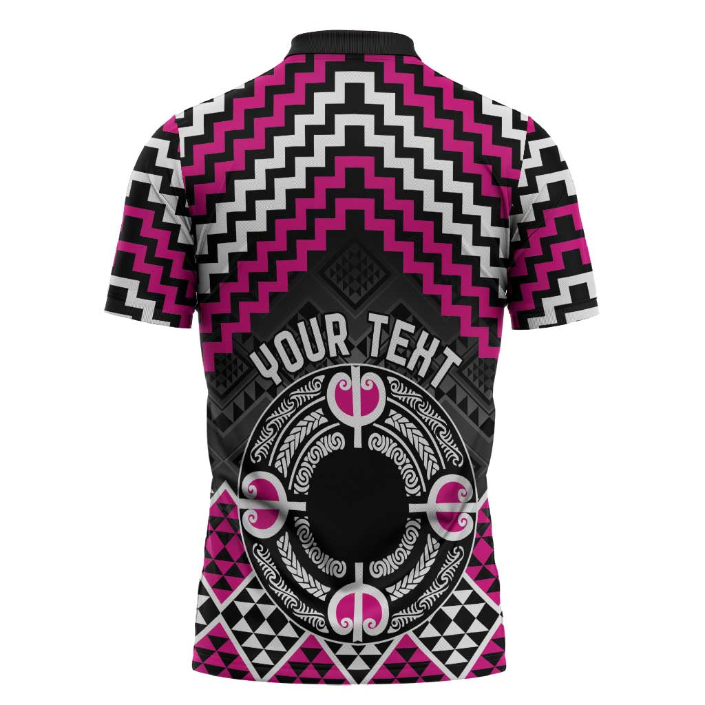 Personalised Aotearoa Niho Taniwha Motif Zipper Polo Shirt Pink Style - Aussie Hoodie
