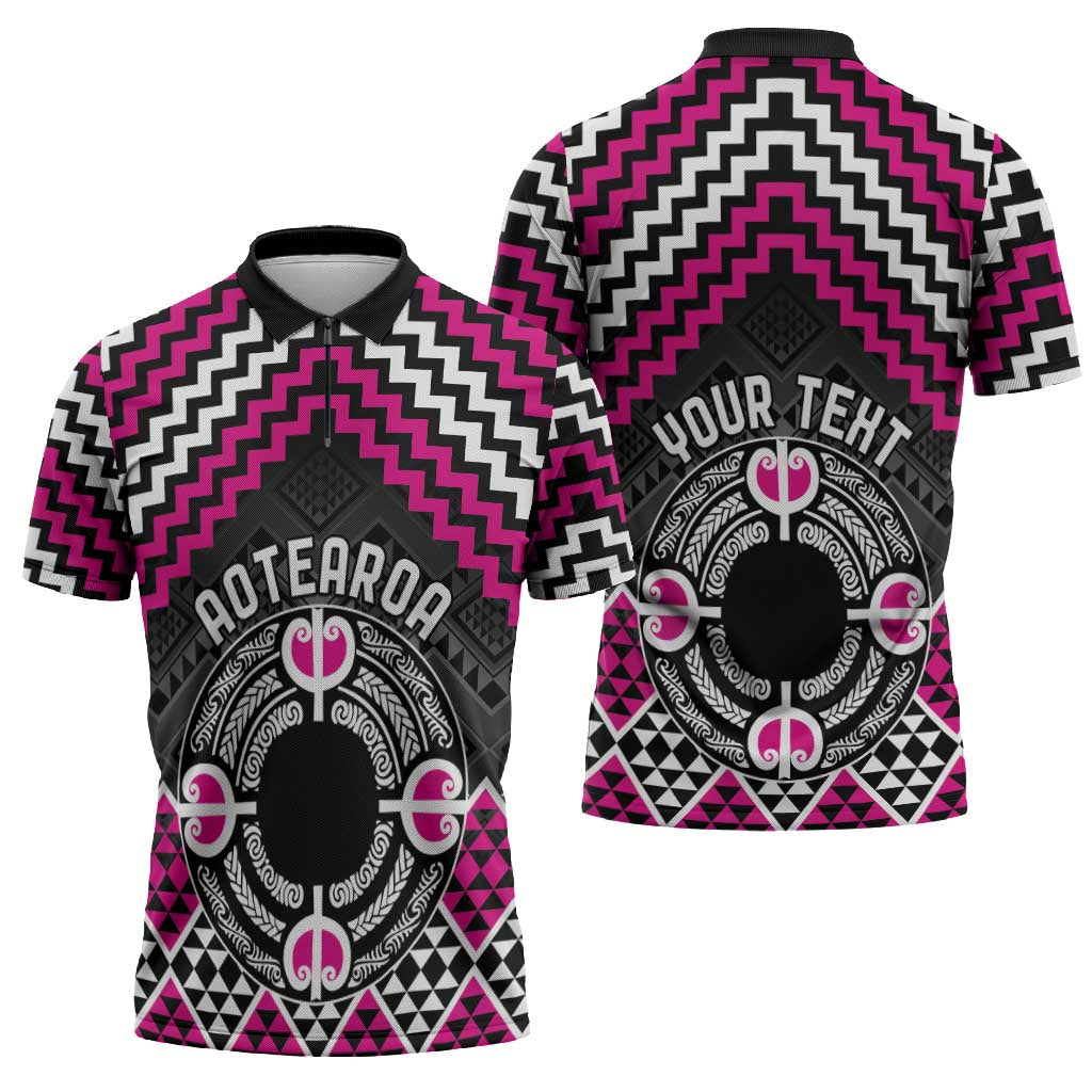 Personalised Aotearoa Niho Taniwha Motif Zipper Polo Shirt Pink Style - Aussie Hoodie