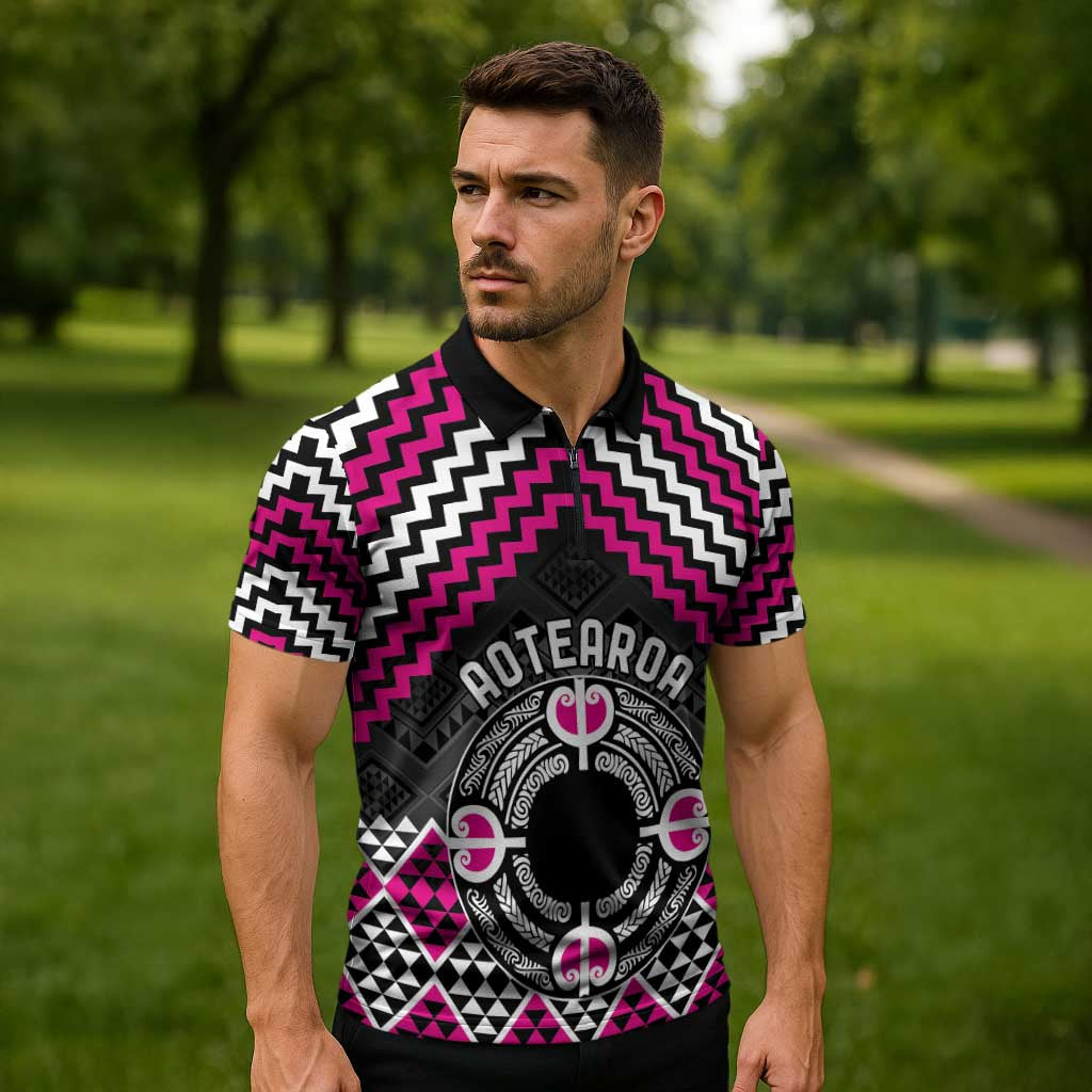 Personalised Aotearoa Niho Taniwha Motif Zipper Polo Shirt Pink Style - Aussie Hoodie