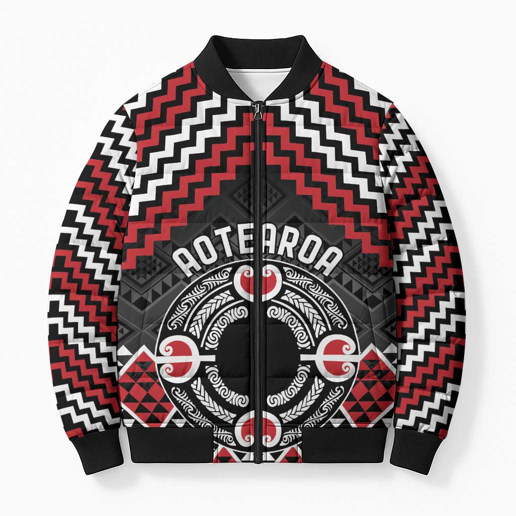 Personalised Aotearoa Niho Taniwha Motif Bomber Puffer Jacket Red Style - Aussie Hoodie