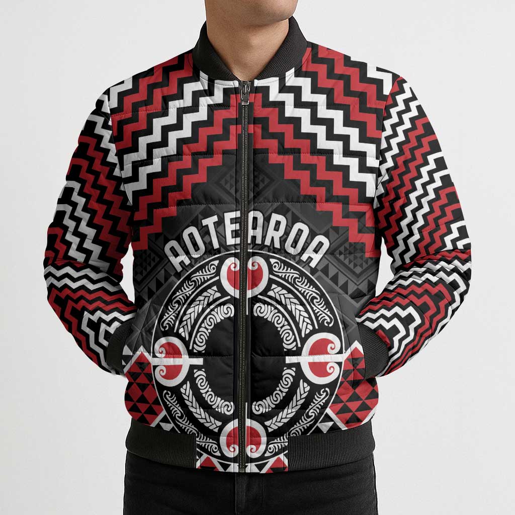 Personalised Aotearoa Niho Taniwha Motif Bomber Puffer Jacket Red Style - Aussie Hoodie