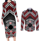 Personalised Aotearoa Niho Taniwha Motif Couples Matching Long Sleeve Bodycon Dress and Long Sleeve Button Shirt Red Style