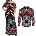 Personalised Aotearoa Niho Taniwha Motif Couples Matching Off Shoulder Maxi Dress and Long Sleeve Button Shirt Red Style