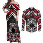 Personalised Aotearoa Niho Taniwha Motif Couples Matching Off Shoulder Maxi Dress and Long Sleeve Button Shirt Red Style