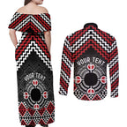 Personalised Aotearoa Niho Taniwha Motif Couples Matching Off Shoulder Maxi Dress and Long Sleeve Button Shirt Red Style