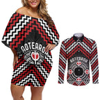 Personalised Aotearoa Niho Taniwha Motif Couples Matching Off Shoulder Short Dress and Long Sleeve Button Shirt Red Style