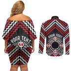 Personalised Aotearoa Niho Taniwha Motif Couples Matching Off Shoulder Short Dress and Long Sleeve Button Shirt Red Style