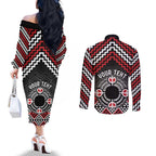Personalised Aotearoa Niho Taniwha Motif Couples Matching Off The Shoulder Long Sleeve Dress and Long Sleeve Button Shirt Red Style