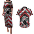Personalised Aotearoa Niho Taniwha Motif Couples Matching Puletasi and Hawaiian Shirt Red Style