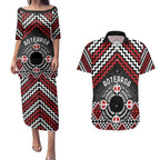Personalised Aotearoa Niho Taniwha Motif Couples Matching Puletasi and Hawaiian Shirt Red Style