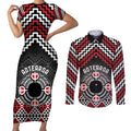 Personalised Aotearoa Niho Taniwha Motif Couples Matching Short Sleeve Bodycon Dress and Long Sleeve Button Shirt Red Style