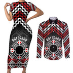 Personalised Aotearoa Niho Taniwha Motif Couples Matching Short Sleeve Bodycon Dress and Long Sleeve Button Shirt Red Style