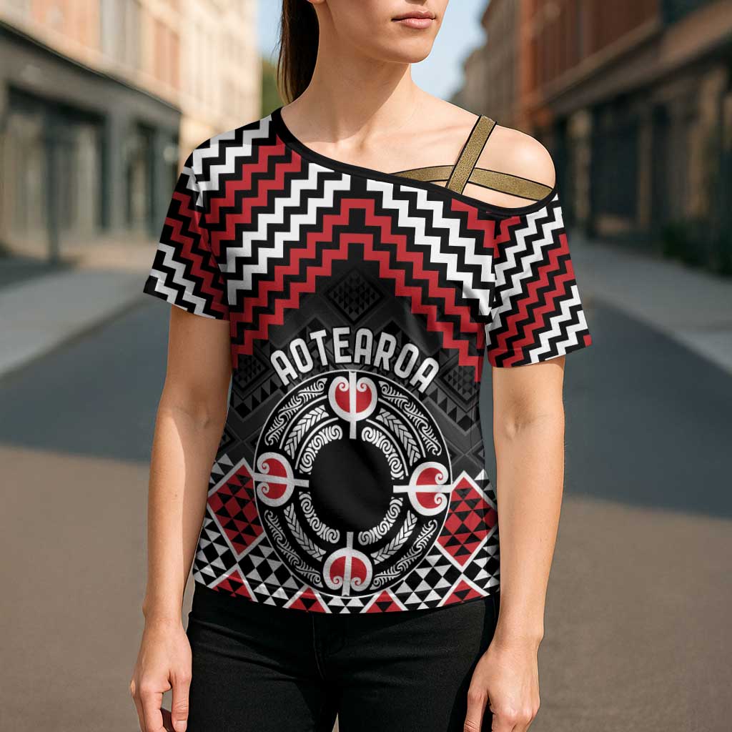 Personalised Aotearoa Niho Taniwha Motif Cross Shoulder Shirt Red Style - Aussie Hoodie