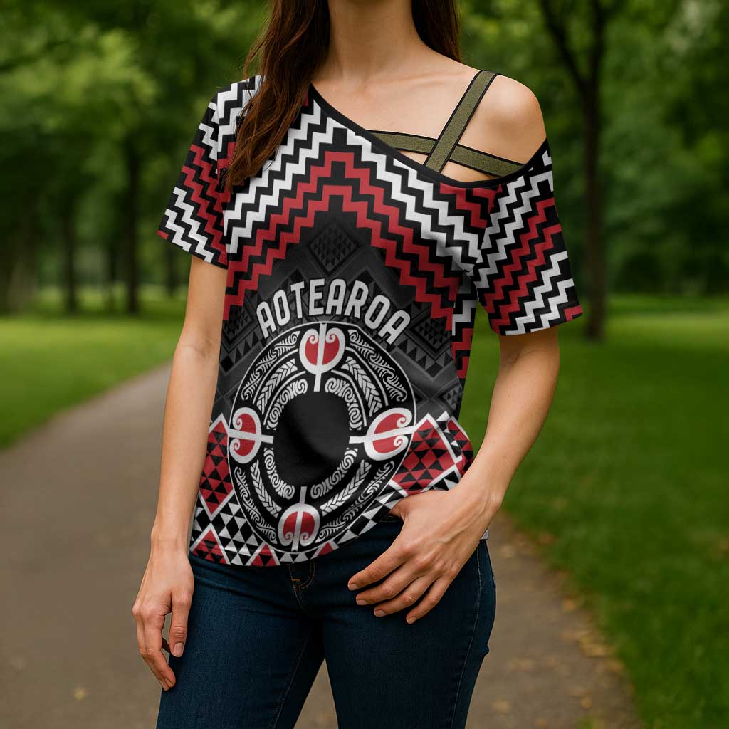 Personalised Aotearoa Niho Taniwha Motif Cross Shoulder Shirt Red Style - Aussie Hoodie