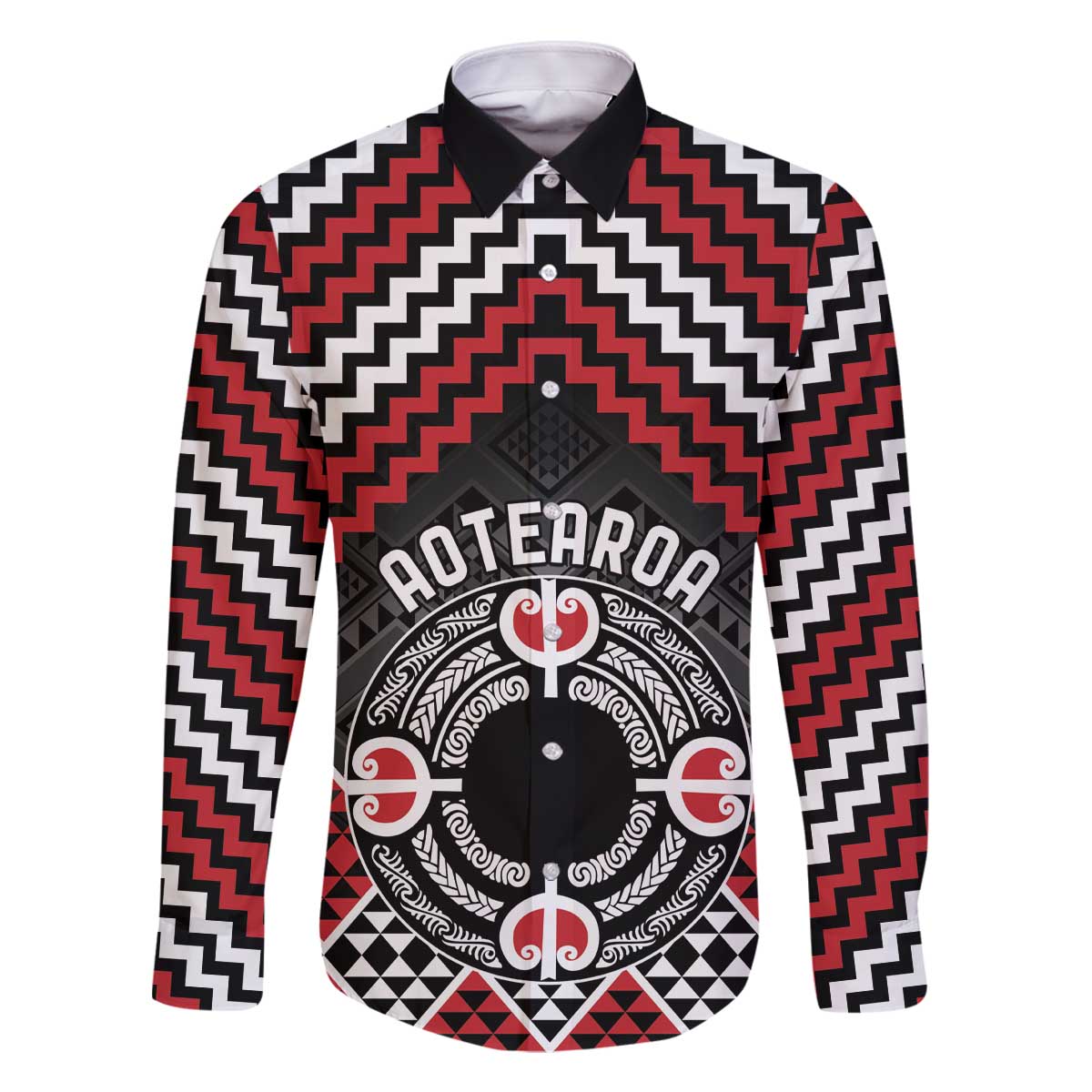 Personalised Aotearoa Niho Taniwha Motif Family Matching Off The Shoulder Long Sleeve Dress and Hawaiian Shirt Red Style