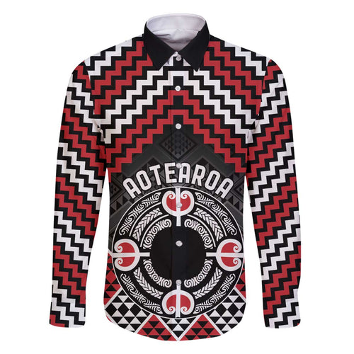 Personalised Aotearoa Niho Taniwha Motif Family Matching Off The Shoulder Long Sleeve Dress and Hawaiian Shirt Red Style