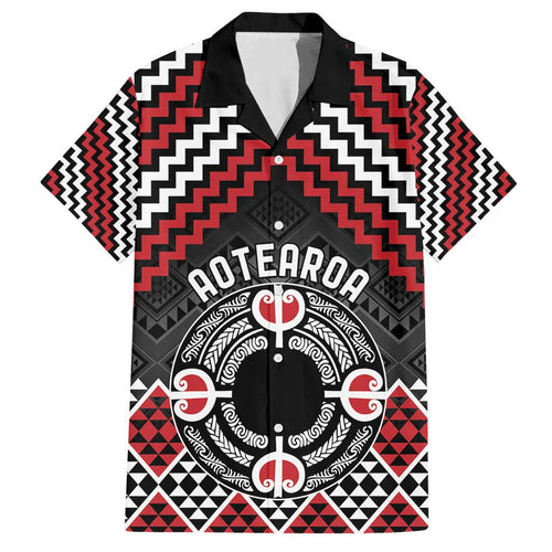 Personalised Aotearoa Niho Taniwha Motif Family Matching Off Shoulder Maxi Dress and Hawaiian Shirt Red Style