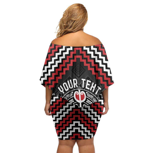 Personalised Aotearoa Niho Taniwha Motif Family Matching Off Shoulder Short Dress and Hawaiian Shirt Red Style