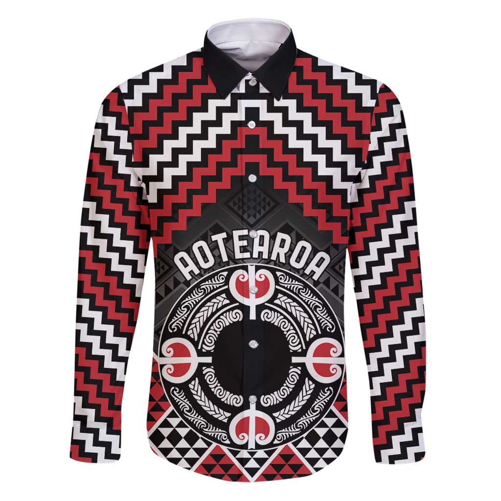 Personalised Aotearoa Niho Taniwha Motif Family Matching Puletasi and Hawaiian Shirt Red Style